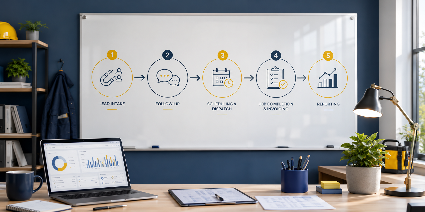 Office whiteboard showing a five-step service business system flow: lead intake, follow-up, scheduling and dispatch, job completion and invoicing, reporting
