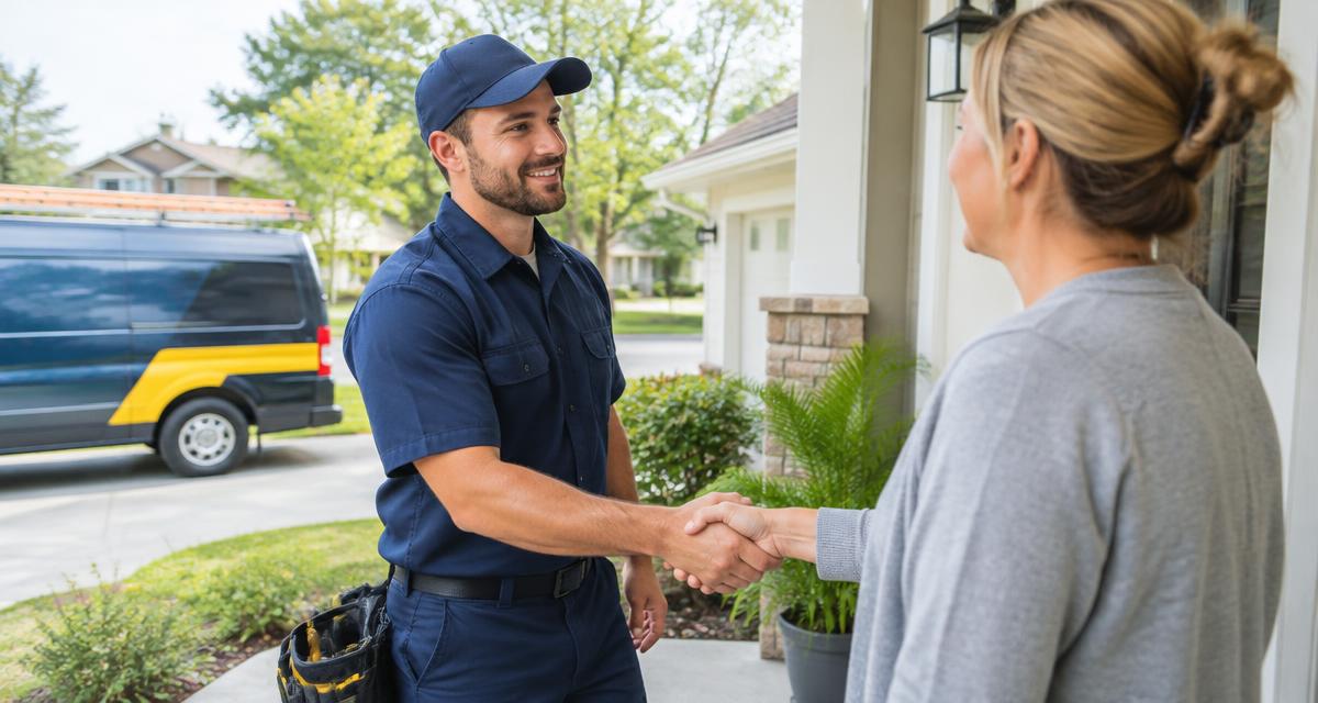 Service technician shaking hands with a satisfied homeowner on her front porch after finishing a job