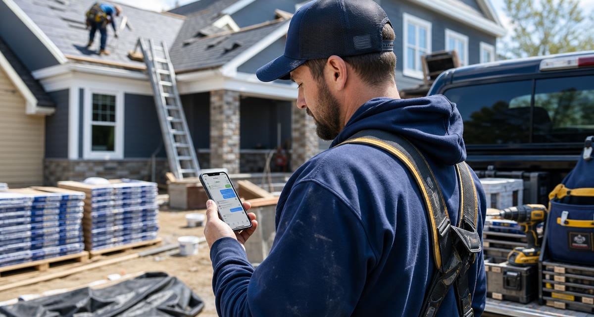 Roofer at a residential job site checking a follow-up text conversation on his smartphone, work truck and tools in the background