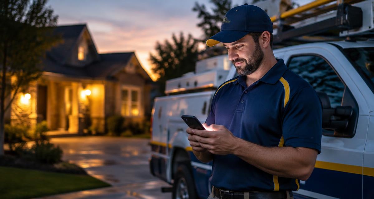 Contractor beside a service truck in the early evening reading a new customer inquiry on his smartphone