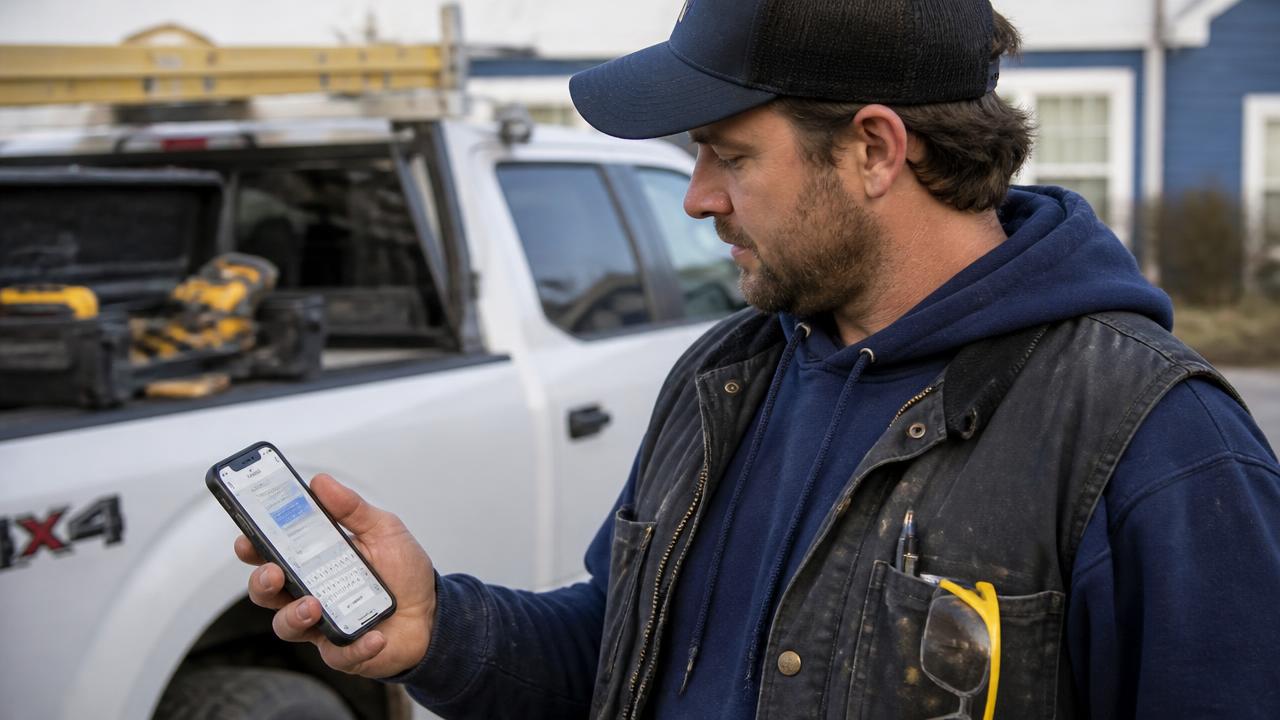 Service contractor at a job site reading an automatic text reply on his smartphone after a missed call, work truck behind him