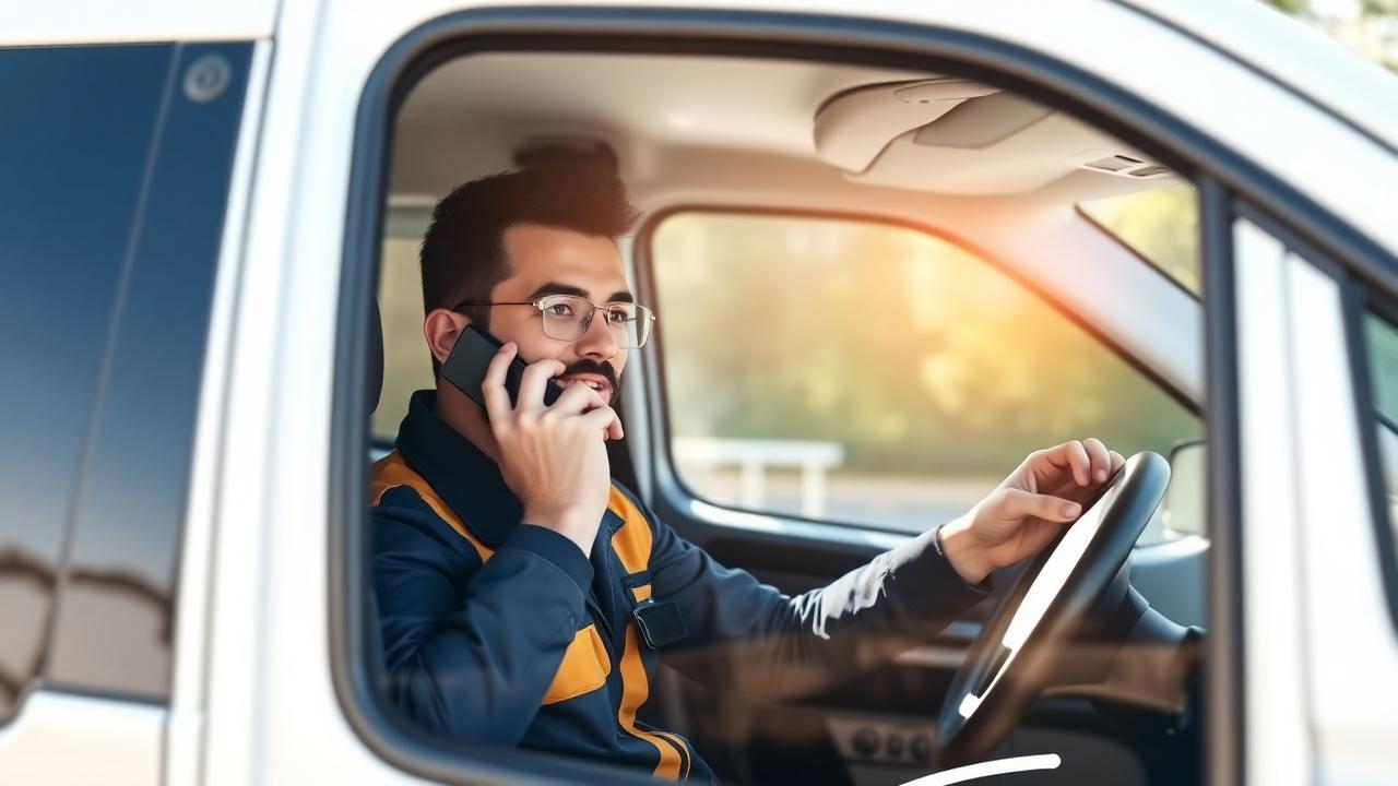 Service business owner answering a new lead call from his work van
