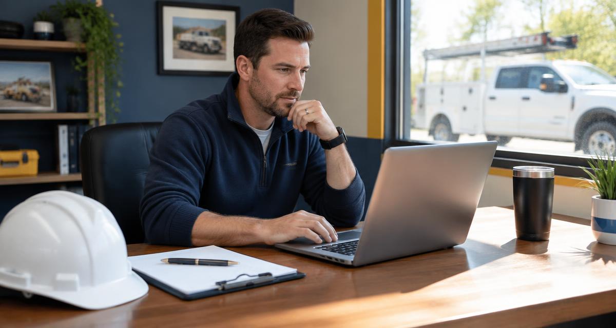Service business owner in his office reviewing lead information on a laptop with a work truck parked outside