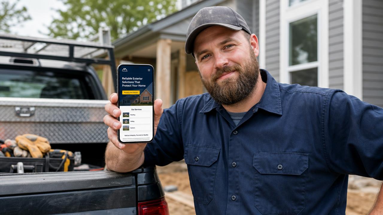 Local contractor holding a smartphone showing his service business website beside his work truck